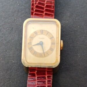 Vintage 1973 Timex Gold Dial with Red Leather Strap